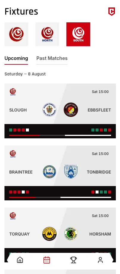 Last Man Standing fixtures screen with upcoming matches and form guides
