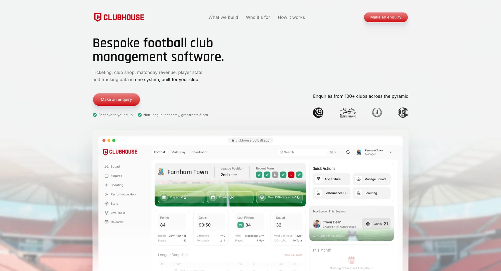 The Clubhouse app, showing football club fixtures and management