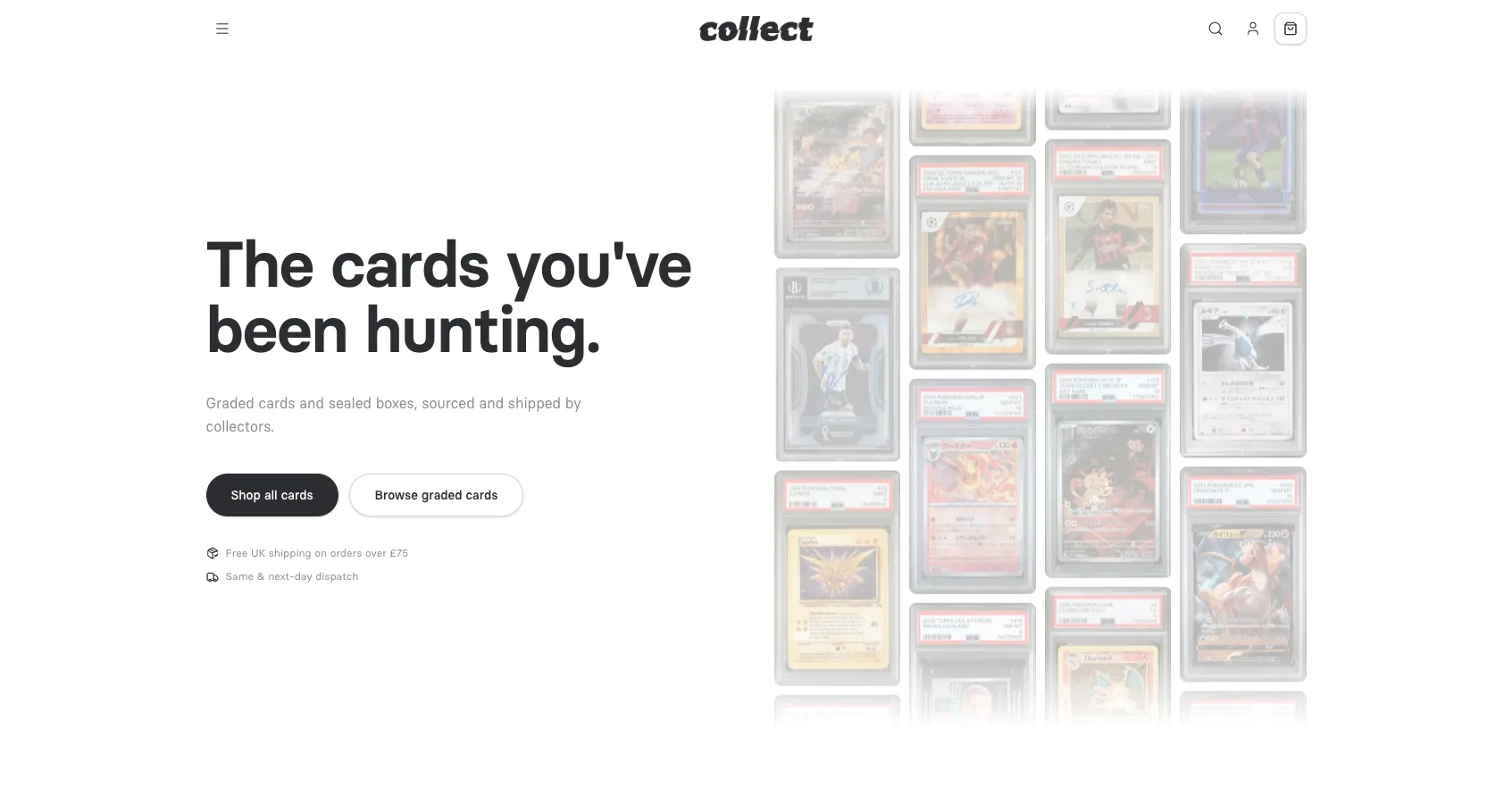 The Collect London storefront homepage, with graded trading cards and the tagline 'The cards you've been hunting'