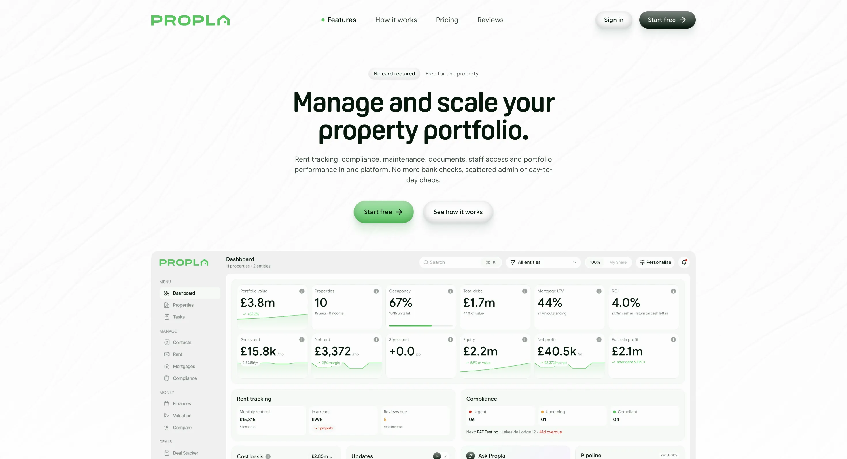 The Propla app, showing a landlord's mixed property portfolio